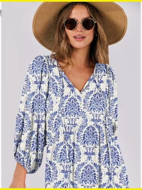 Boho Maxi Dress Flowy Swing V Neck Puff Sleeve Floral Casual Elegant - Picture 5 of 7